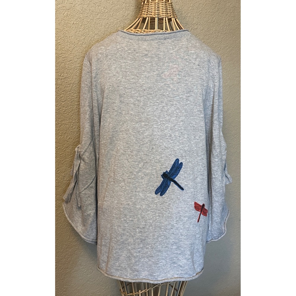 Democracy Womens Gray Dragonfly Embroidered Bell Sleeve Cotton Sweater Top L - Picture 4 of 15